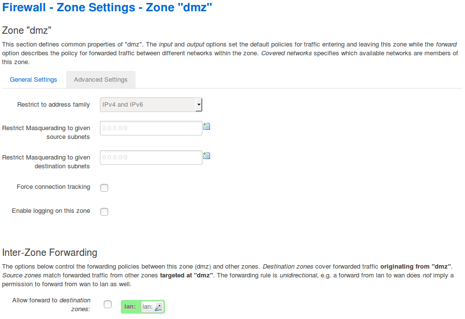 Network -> Firewall > Zone > Advanced Settings