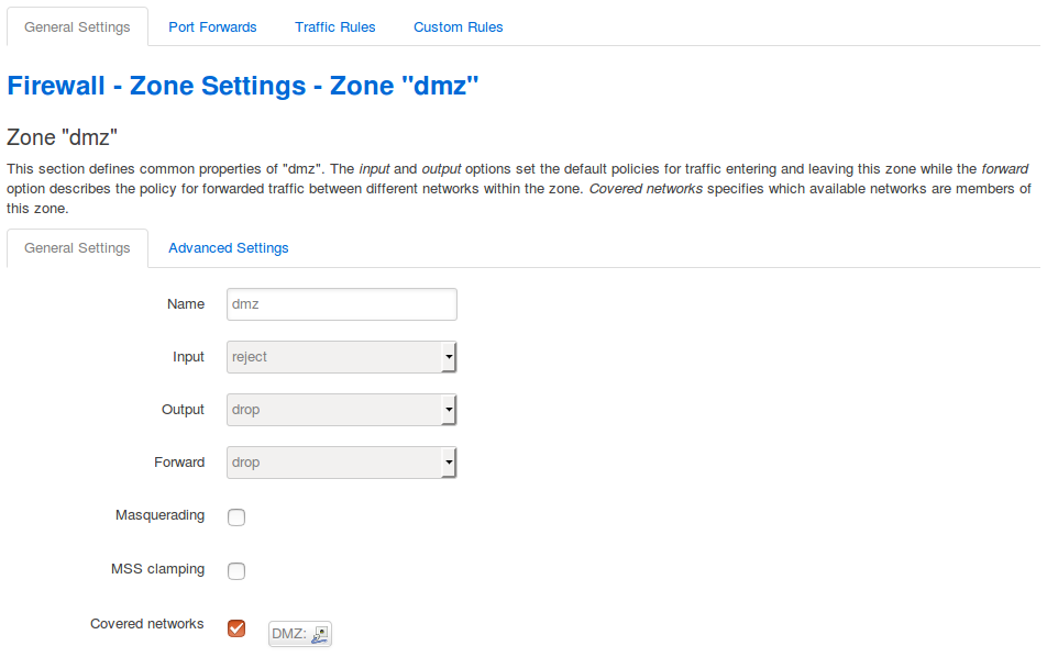 Network -> Firewall > Zone > General Settings