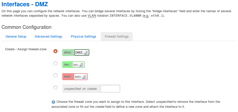 Network -> Interfaces -> DMZ -> Firewall Settings