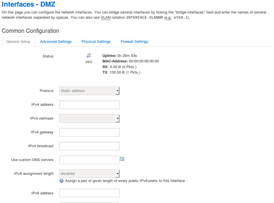 Network -> Interfaces -> DMZ -> General Setup