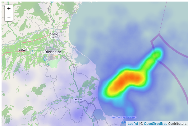 Leaflet.heat representation of earthquakes in central New Zealand