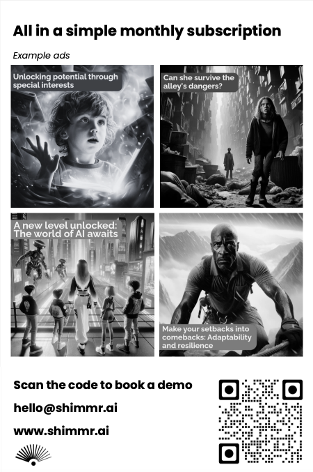 En annonce for Shimmr med eksempler på annoncer, prisoplysninger og en QR-kode til at booke en demo.