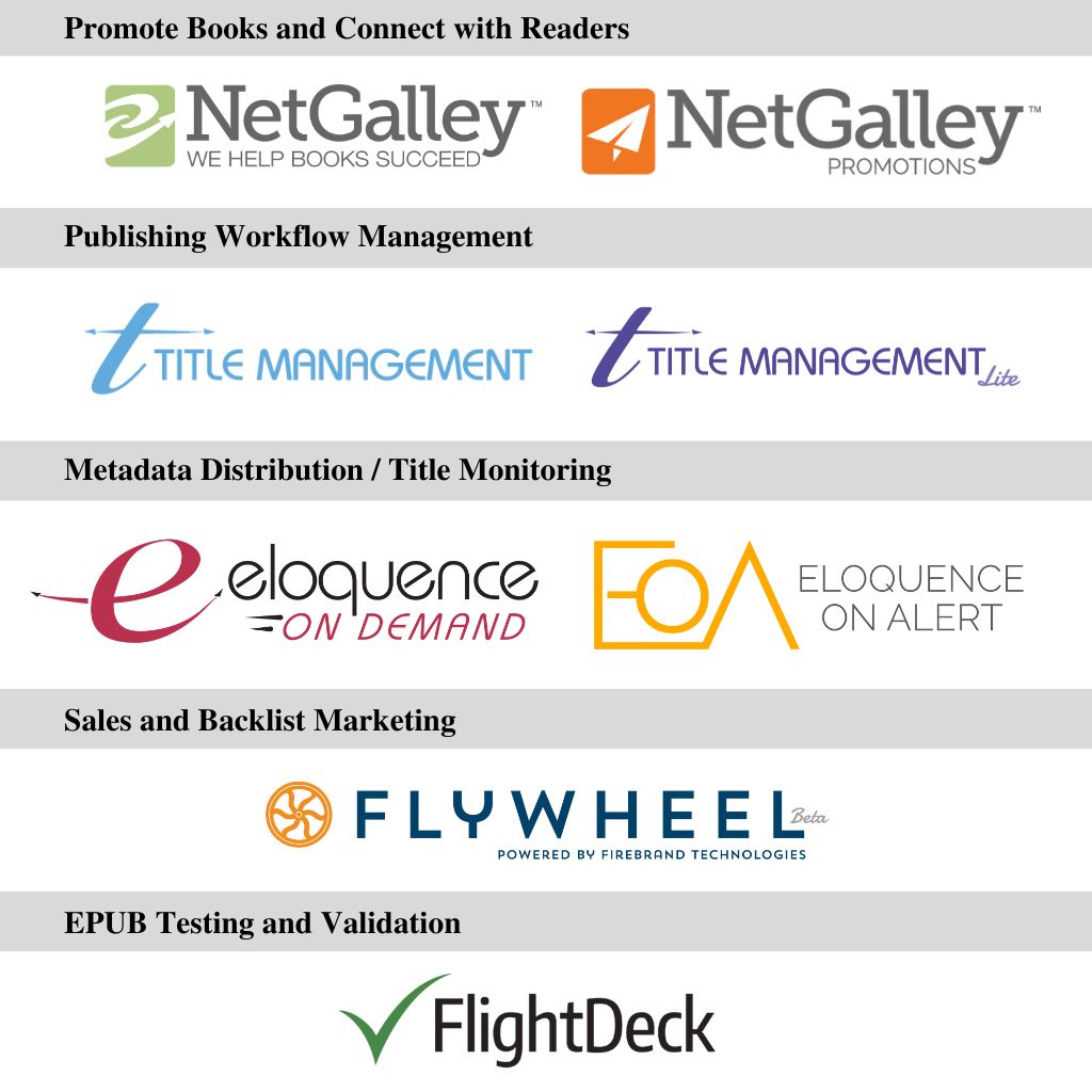 Eine Infografik, die verschiedene von NetGalley angebotene Dienstleistungen zeigt, darunter Buchwerbung, Workflow-Management im Verlag, Metadatenverteilung, Verkaufs- und Backlist-Marketing sowie EPUB-Tests.