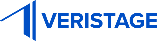 Logo von Veristage in Blau mit einem abstrakten Design.