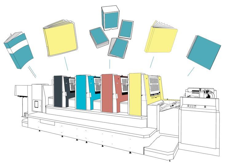 Ilustración de una imprenta con varios tipos de libros y publicaciones siendo producidos.