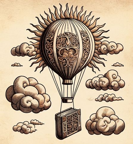 Une illustration artistique d'une montgolfière avec des motifs complexes, flottant parmi les nuages avec un soleil en arrière-plan.