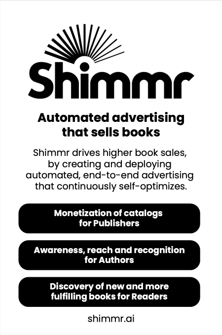 An advertisement for Shimmr showcasing automated advertising that sells books, mentioning a 35% uplift in sales and 2x better return on ad spend.