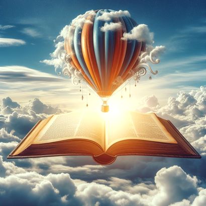 An open book with a hot air balloon emerging from its pages, floating among the clouds.