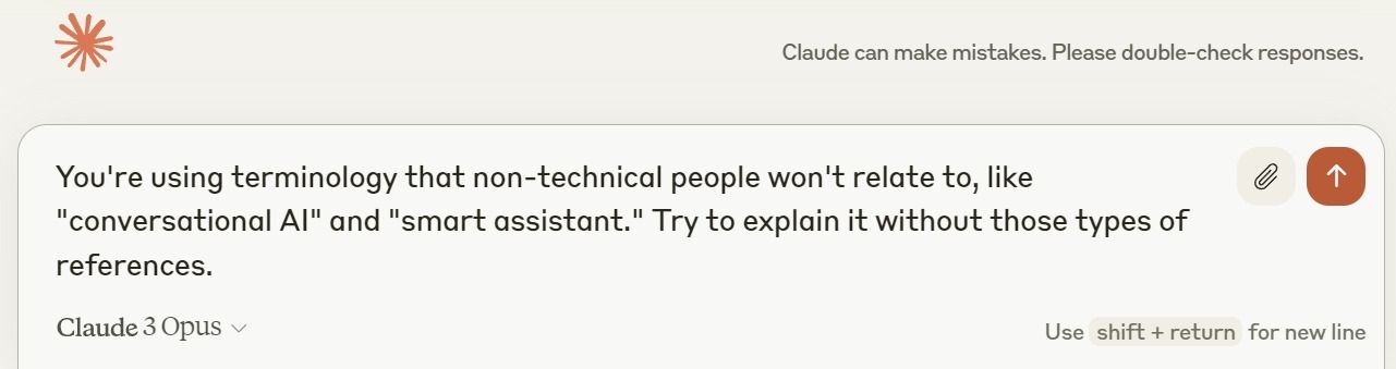 A conversational AI response advising to avoid technical jargon and references that non-technical people might not relate to.