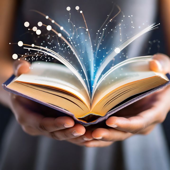 A close-up image of a person holding an open book with glowing elements emanating from the pages.