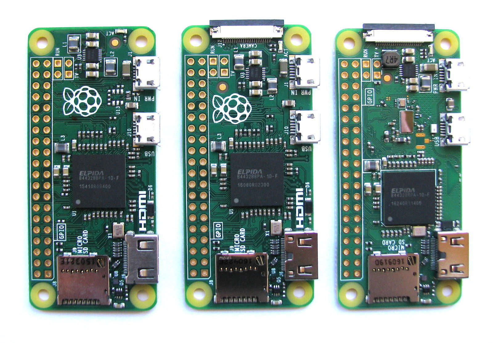 From left to right the Pi Zero v1.2, v1.3 and the Zero W v1.1