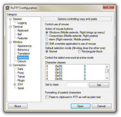 PuTTY Selection Set-up