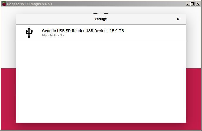 Raspberry Pi Imager CHOOSE STORAGE